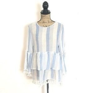 Signature Studio Womens sz L Top Blue White Stripe Fringe Ruffle Bell Sleeve